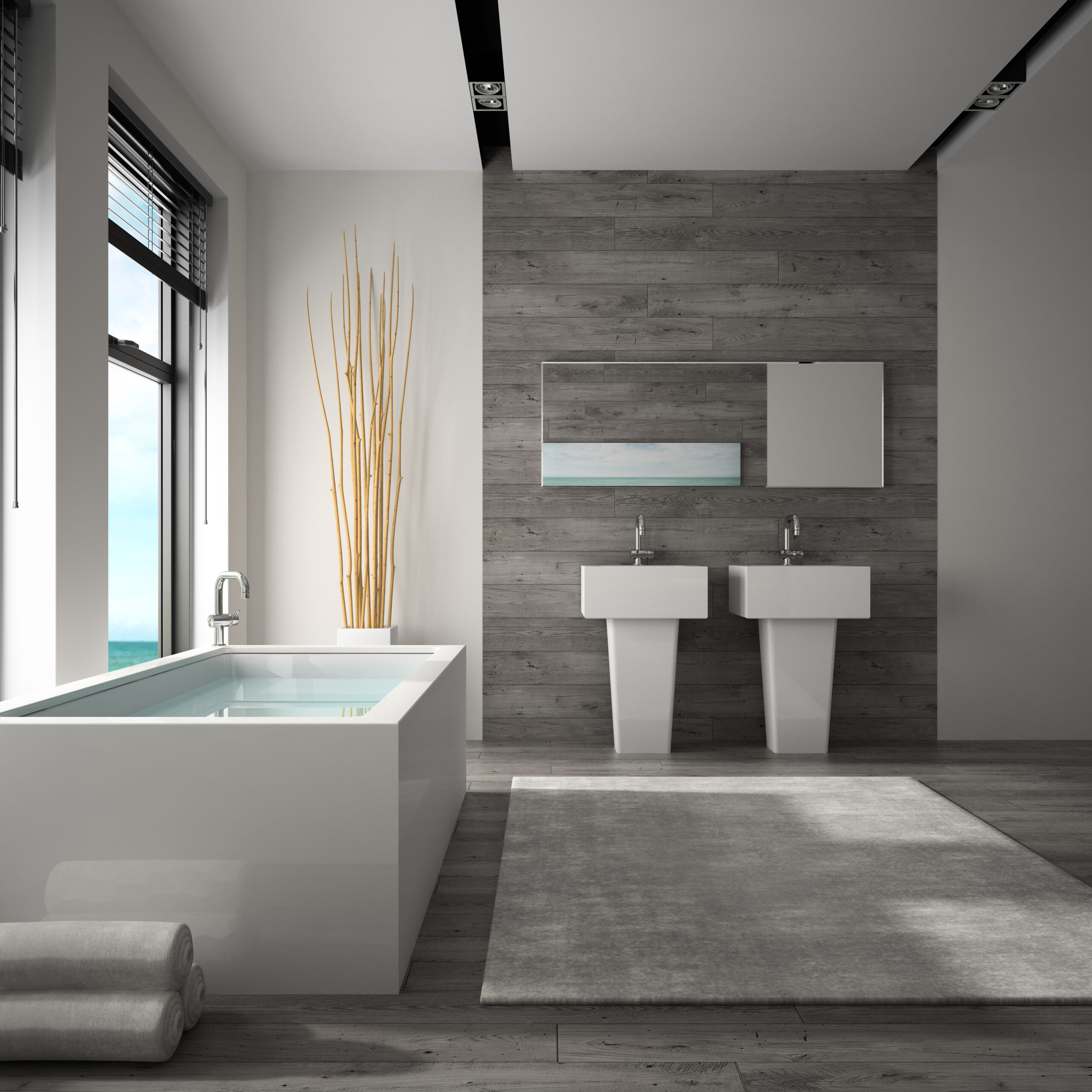 Interior of bathroom with sea view 3D rendering.