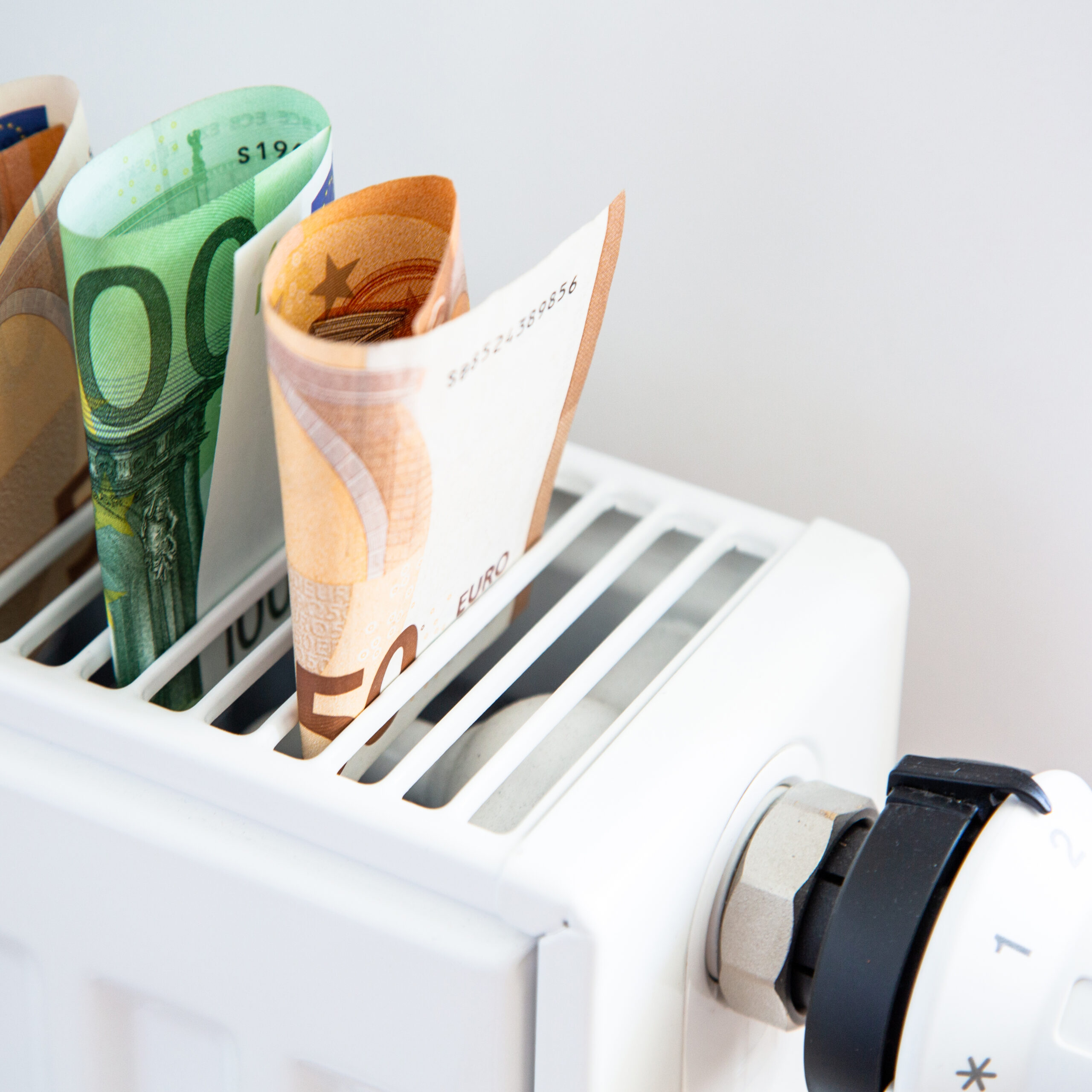 Radiator with thermostat and euro money banknotes. Heizkörper mit Thermostat und Euro-Geldscheinen.